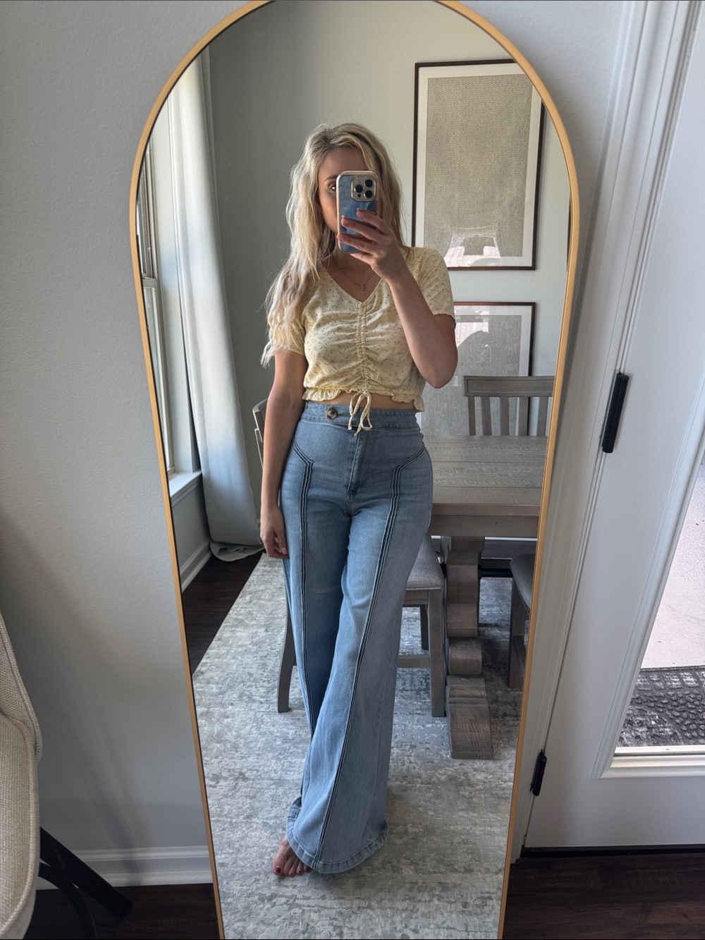 Ruched V-Neck Cropped Top in Light Butter Yellow with Subtle Tiny Purple Florals - Picture 6 of 14